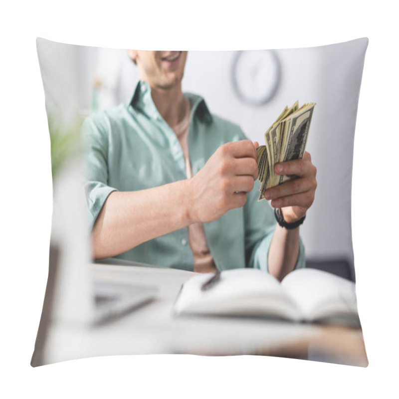 Personality  Cropped View Of Smiling Freelancer Counting Dollars Near Laptop And Notebook On Table, Earning Online Concept Pillow Covers