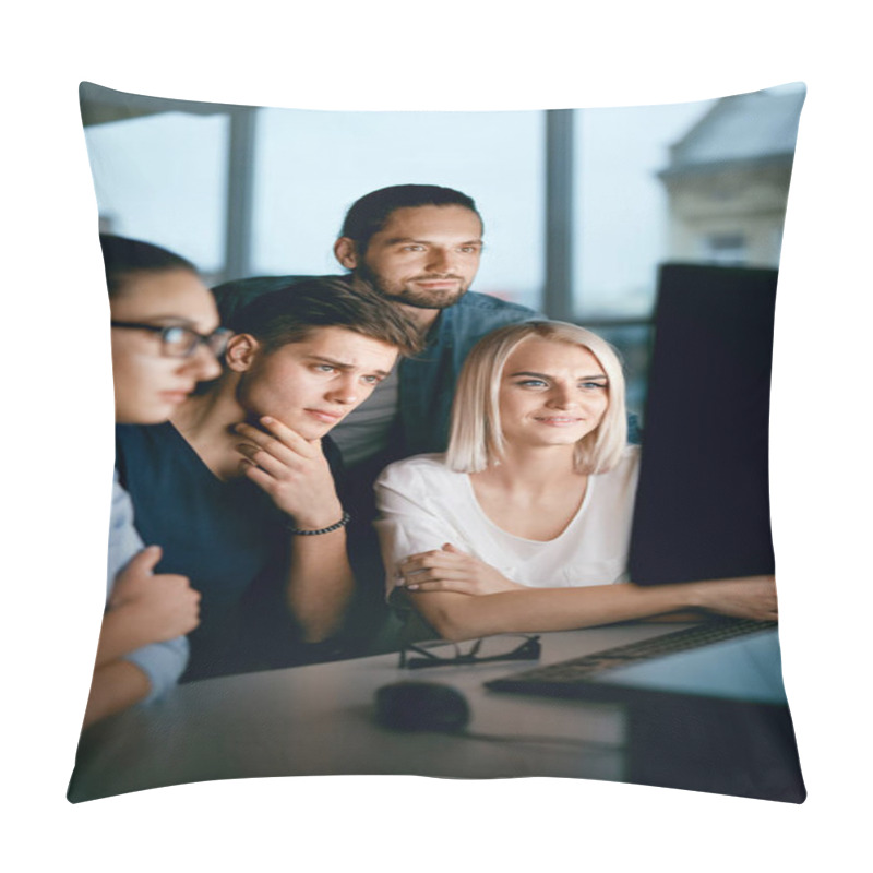 Personality  Team Of Programmers Working On Computer In Office. Pillow Covers