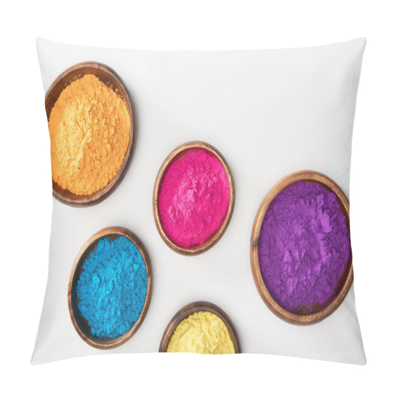 Personality  Top View Of Wooden Bowls With Pink, Blue, Yellow, Purple And Orange Holi Powder On White Background Pillow Covers