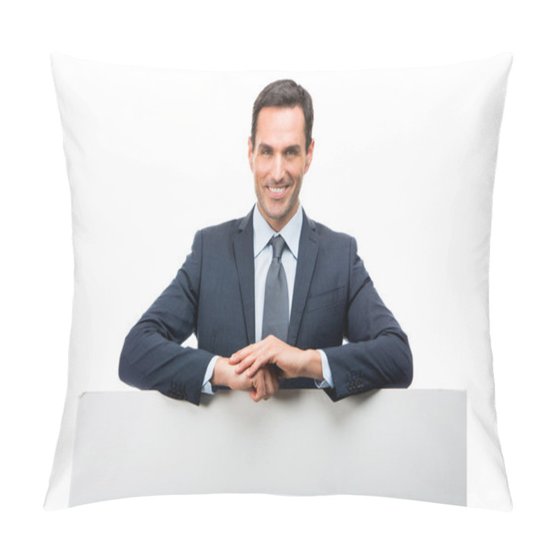 Personality  Half Length Portrait Of A Smiling Businessman Leaning On A White Placard Pillow Covers