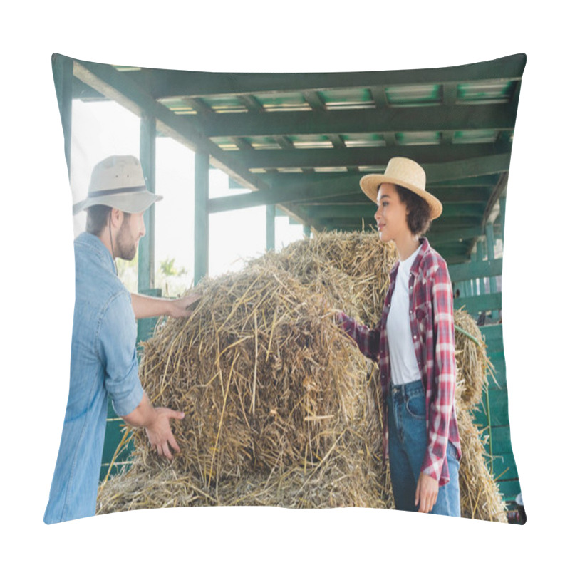 Personality  Young And Positive Multiethnic Farmers Looking At Each Other Near Haystack Pillow Covers