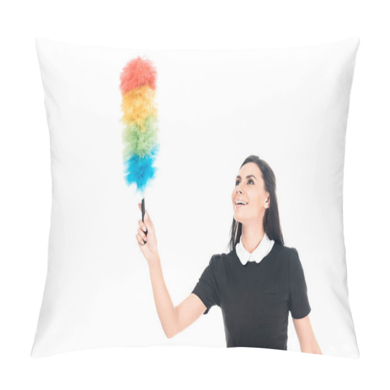 Personality  Brunette Maid In Uniform Holding Duster Isolated On White Pillow Covers