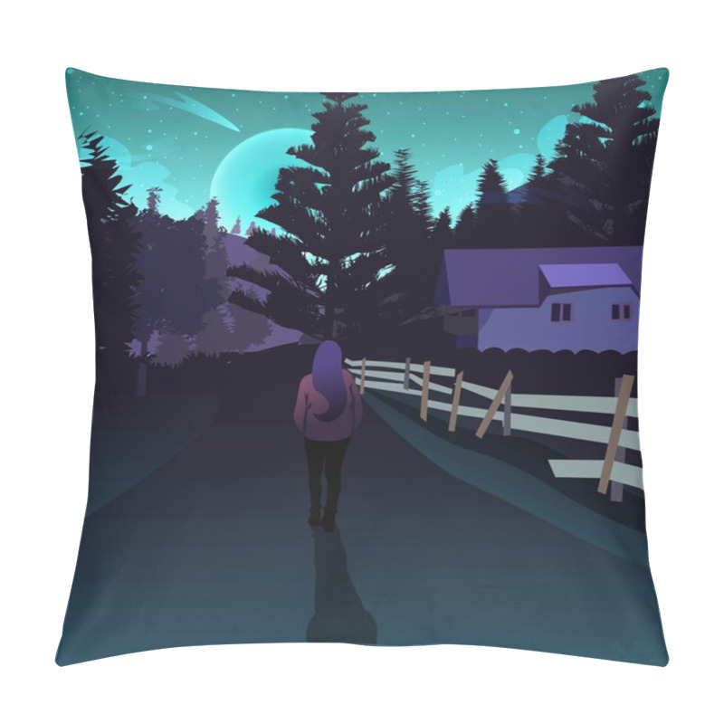 Personality  Woman Traveling In A Mountain Forest Under The Twilight And Lights Of The Aurora Borealis. Magic Blue And Purple Modern Neon Northern Lights Illustration. Futuristic Fantasy Vector Pillow Covers