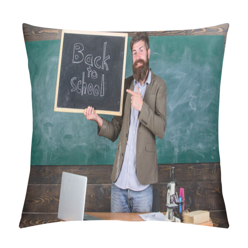 Personality  Man Bearded Holds Blackboard Inscription Back To School. Hiring Teachers For New School Year. Looking Committed Teacher Complement Qualified Workforce Educators. Back To School Teachers Recruitment Pillow Covers