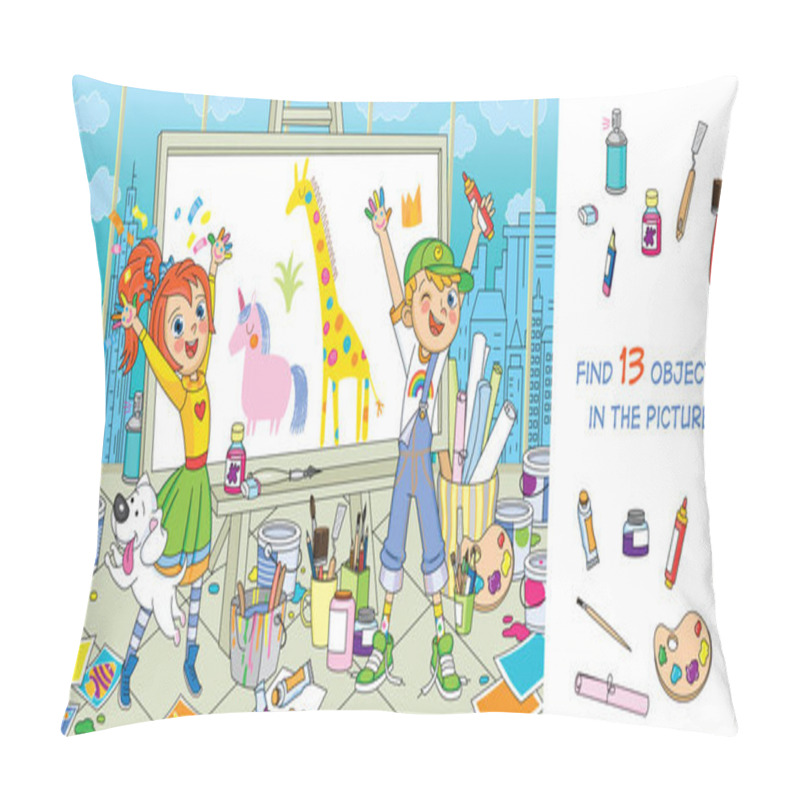 Personality  Fun And Exciting Children's Creativity. Children Draw On An Easel, On Their Hands, On Paper. Find 13 Hidden Objects In The Picture. Funny Cartoon Character. Hidden Objects Puzzle. Vector Illustration  Pillow Covers