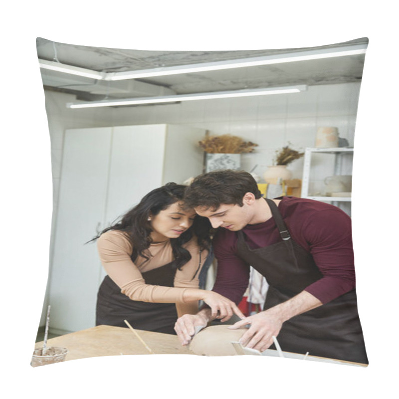 Personality  A Couple Joyfully Crafts Pottery Together In A Stylish Studio. Pillow Covers