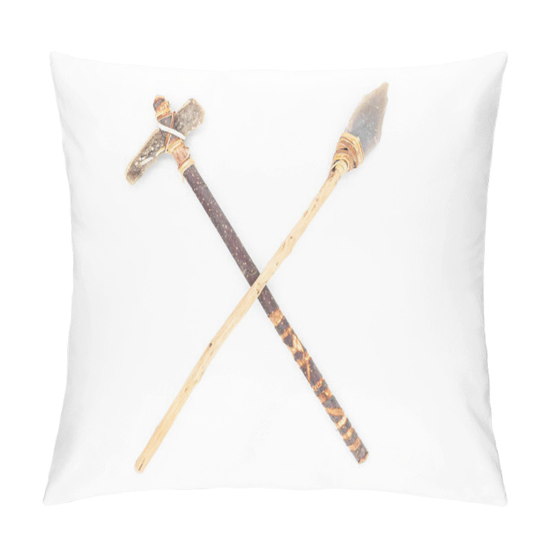 Personality  Replicas Of The Primal Stone Tools With Wooden Handles And Leather Strapping Isolated On White Background. Crossed Primitive Stone Axe And Dagger Or Spear: Weapons Of The Prehistoric Peoples. Pillow Covers