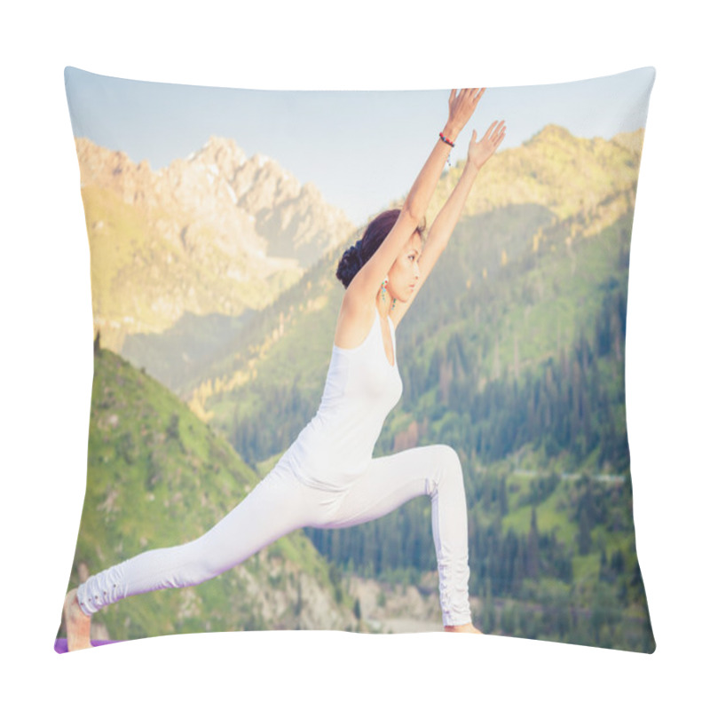 Personality  Inspired Asian Woman Doing Exercise Of Yoga At Mountain Range Pillow Covers