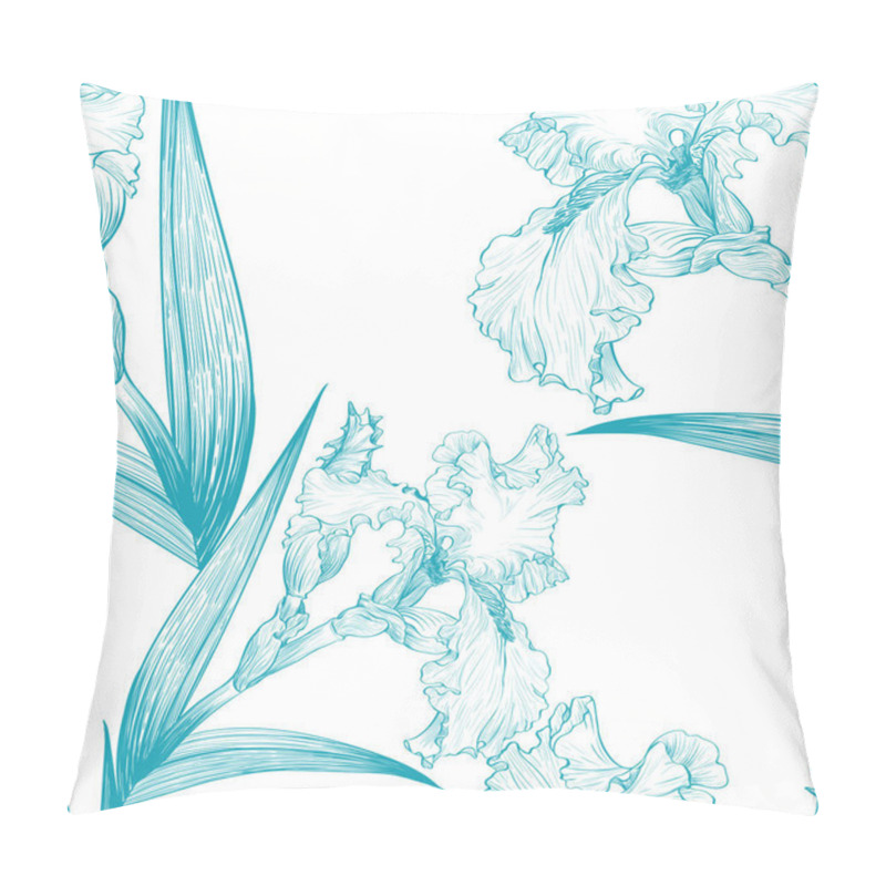 Personality  Irises. Seamless Background. Vector Drawing - Flowers, Leaves, Stems And Buds Of Irises. Pillow Covers