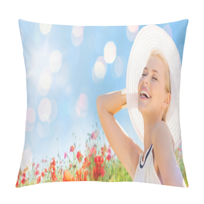 Personality  Smiling Young Woman In Straw Hat On Poppy Field Pillow Covers