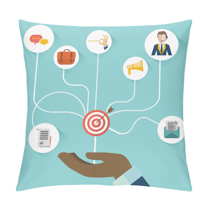 Personality  Male Hand Presenting Customer Relationship Management. System For Managing Interactions With Current And Future Customers. Flat Vector Illustration. Pillow Covers