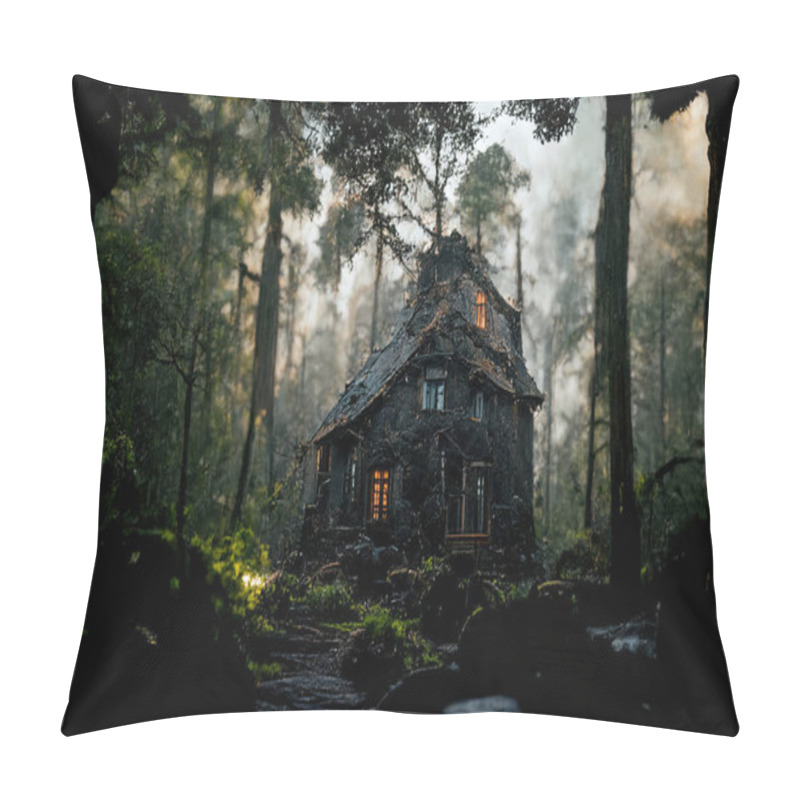 Personality  Digital Painting Of Mysterious House In The Deep Forest. Pillow Covers