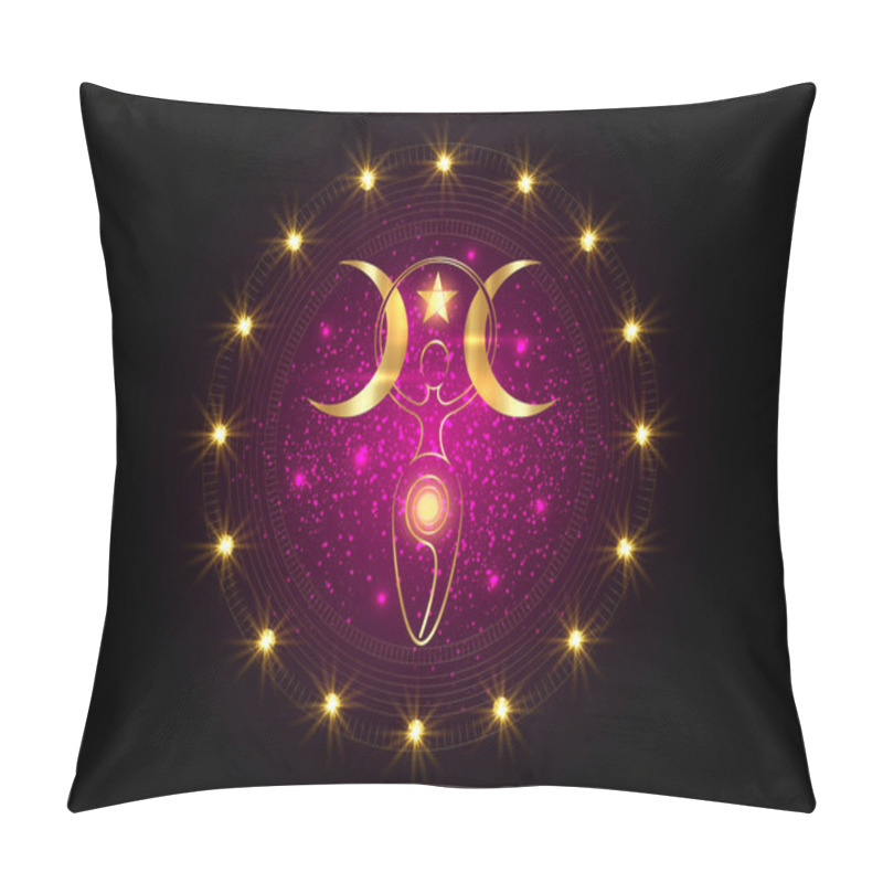 Personality  Gold Spiral Goddess Of Fertility And Triple Moon Wiccan. The Spiral Cycle Of Life, Death And Rebirth. Golden Woman Wicca Mother Earth Symbol Of Sexual Procreation Vector Isolated On Purple Background  Pillow Covers