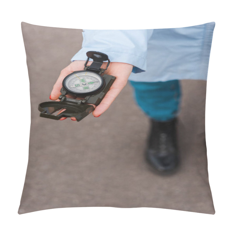 Personality  Cropped View Of Woman Holding Retro Compass In Hand Outside  Pillow Covers