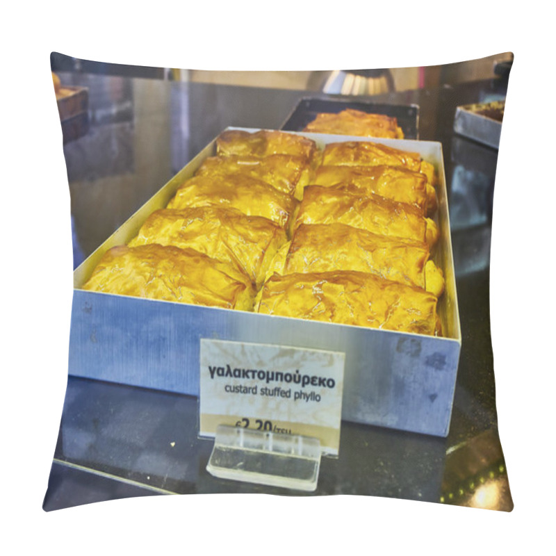 Personality  Athens, Greece - June 29, 2018. Galaktoboureko, Typical Greek Sweet In A Storefront Of A Greek Pastry. Custard Stuffed Phyllo. Pillow Covers