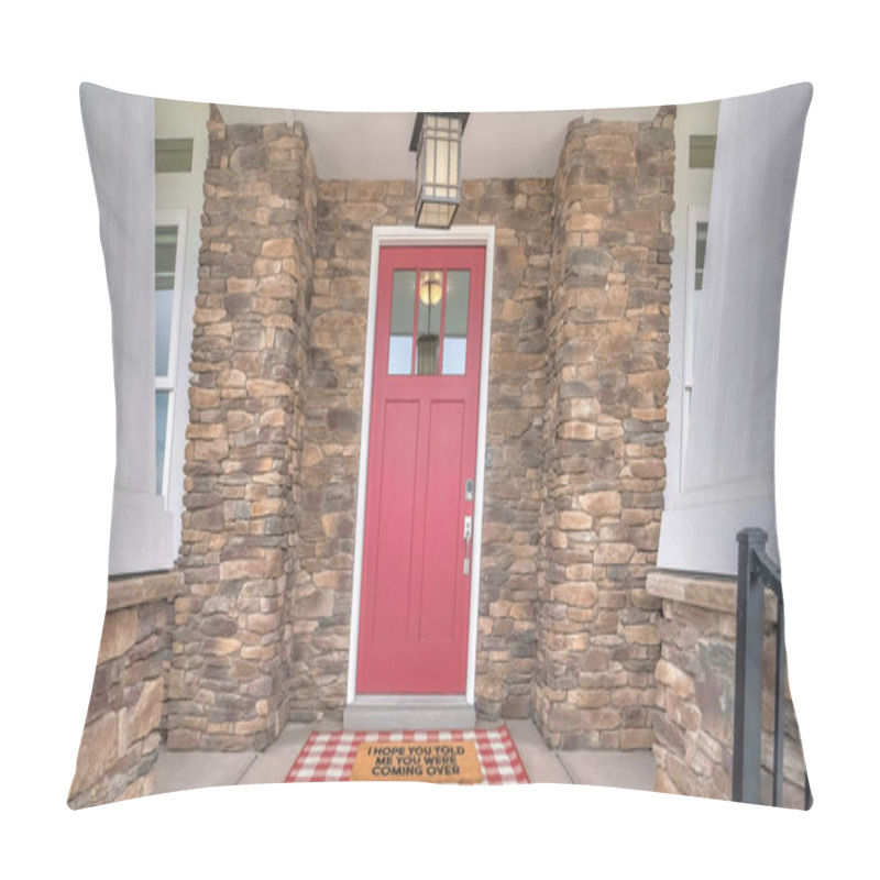 Personality  Panorama Exterior Of A Front Entrance Of A House With Stone Walls. There Are Two Metal Railings On The Side Leading To A Concrete Doorstep With A Large Doormat Below The Red Front Door With Glass Panels. Pillow Covers