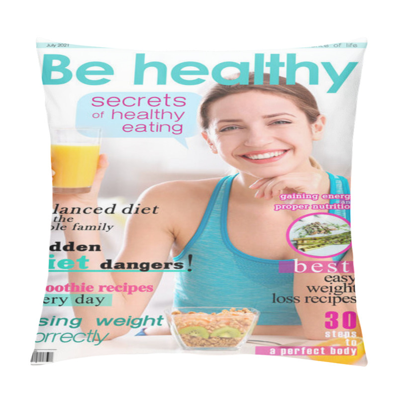 Personality  Be Healthy Magazine Cover Design. Young Slim Woman Having Healthy Breakfast Pillow Covers