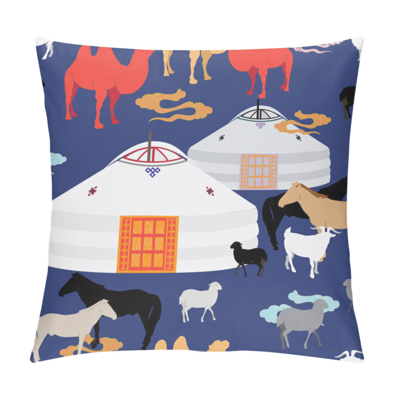 Personality  Illustration Of Cattle Grazing In A Meadow Surrounding Mongolian Traditional Ger. Pillow Covers