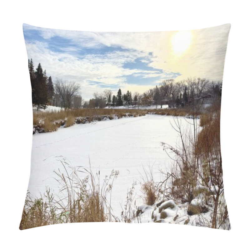 Personality  A Winter Landscape With A Frozen River Surrounded By Dry Grasses And Trees, Under A Sunny Sky With Clouds. Calm And Chilly Atmosphere. Pillow Covers