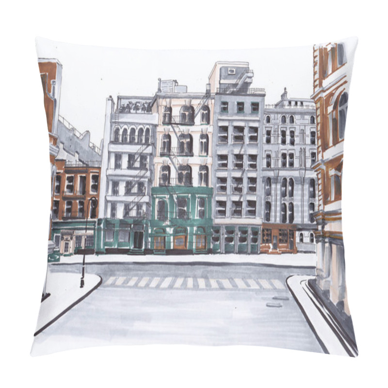 Personality  Urban Sketch Markers. New York Street With Characteristic Buildings. Pillow Covers