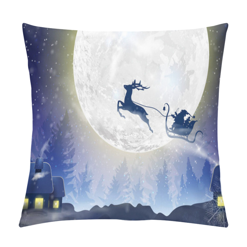 Personality  Winter Blue Sky With Falling Snow, Snowflakes With A Winter Landscape With A Full Moon. Santa Claus Flying On A Sleigh With A Deer. Festive Winter Background For Christmas And New Year. Pillow Covers