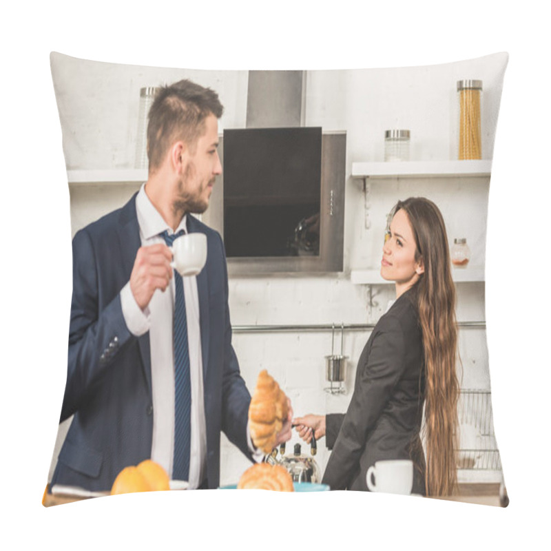 Personality  Boyfriend Having Breakfast And Girlfriend Putting Kettle On Stove At Home, Sexism Concept Pillow Covers