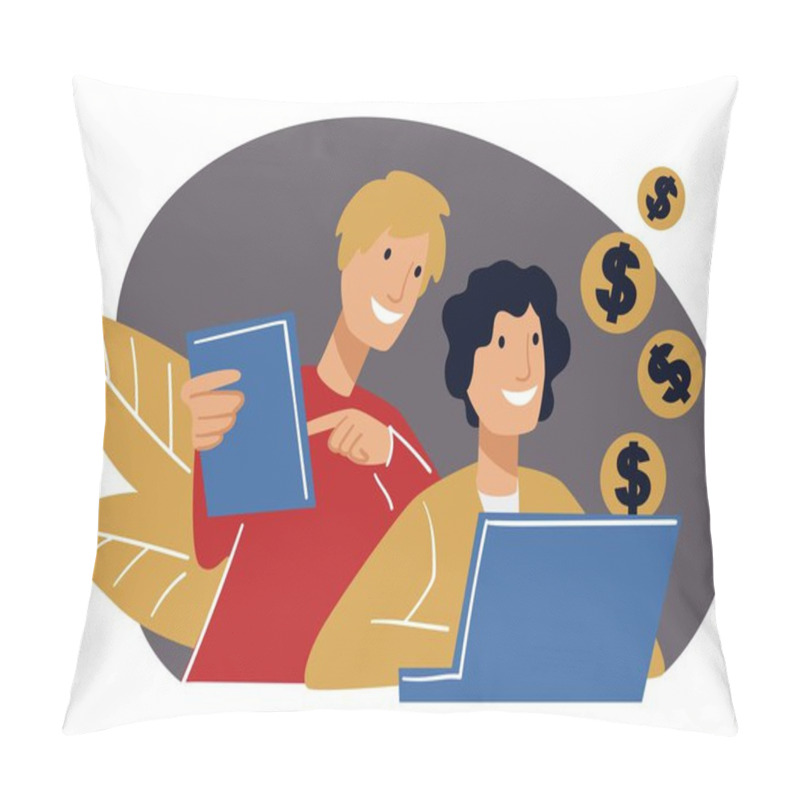 Personality  Team Of Specialists Working On Growing Income Of Company. Men Using Laptops For Dealing With Tasks. People Brainstorming And Solving Problems Together. Communication And Meeting. Vector In Flat Style Pillow Covers