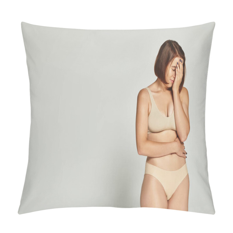 Personality  Embarrassed Young Woman In Beige Underwear Covering Face With Hand On Grey Background, Body Shaming Pillow Covers