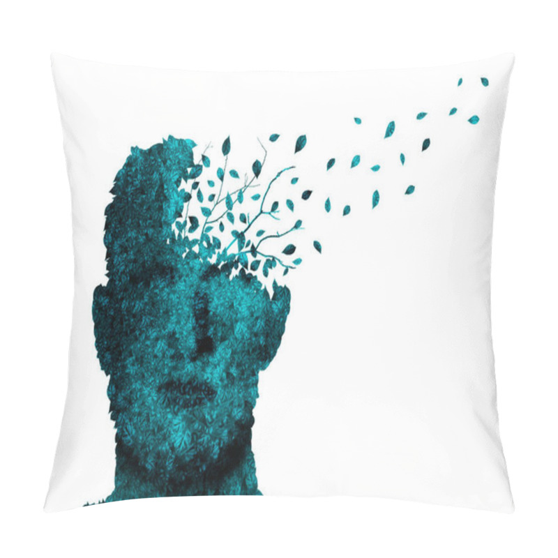 Personality  Dementia Concept. Illustration Of Blue Head Shaped Plant Losing Leaves On White Background Pillow Covers