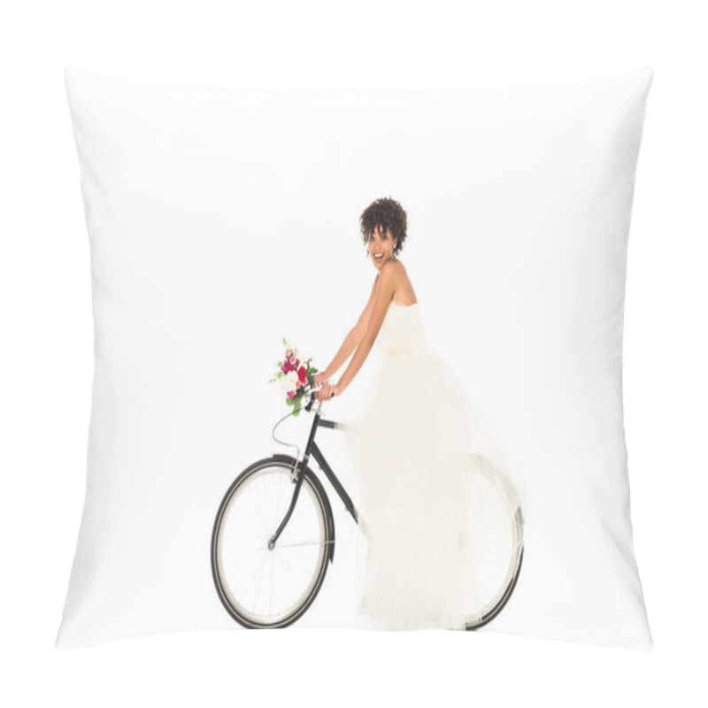 Personality  Cheerful African American Bride In Wedding Dress Holding Flowers While Riding Bicycle Isolated On White  Pillow Covers