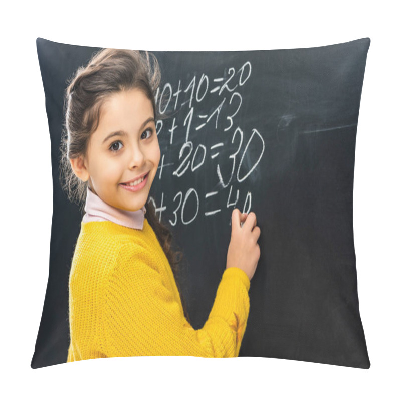 Personality  Smiling Schoolgirl Writing On Blackboard With Chalk And Looking At Camera Pillow Covers