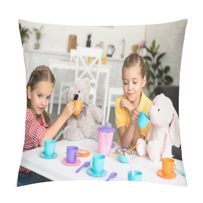 Personality  Adorable Little Sisters Pretending To Have Tea Party Together At Home Pillow Covers