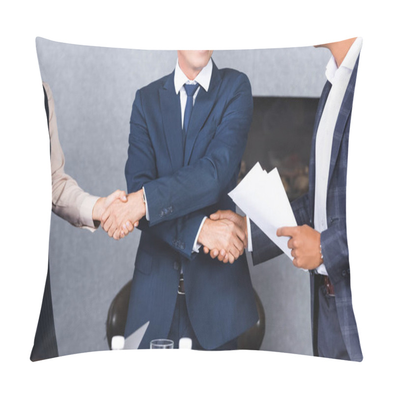 Personality  Cropped View Of Businessman Shaking Hands With Multicultural Colleagues In Meeting Room Pillow Covers