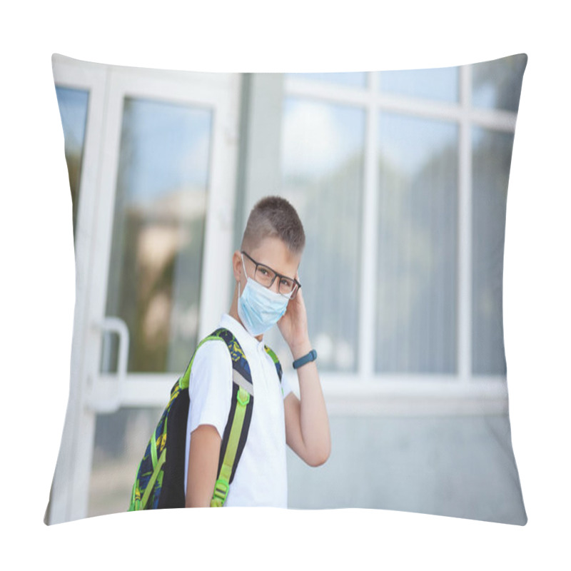 Personality  Back To School. Shoolboy In Glasses Wearing Mask And Backpacks Protect And Safety From Coronavirus. Child Going School After Pandemic Over. Standing Near School. Students Are Ready For New Year. Pillow Covers