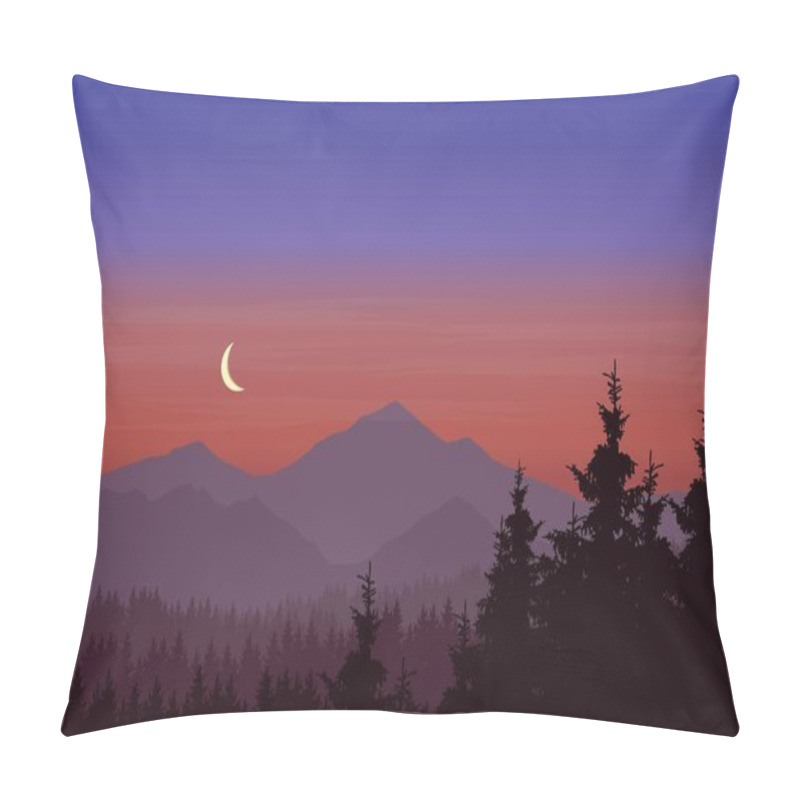 Personality  Vector Illustration Of Mountain Landscape With Forest Under Blue-pink Sky With Crescent Pillow Covers