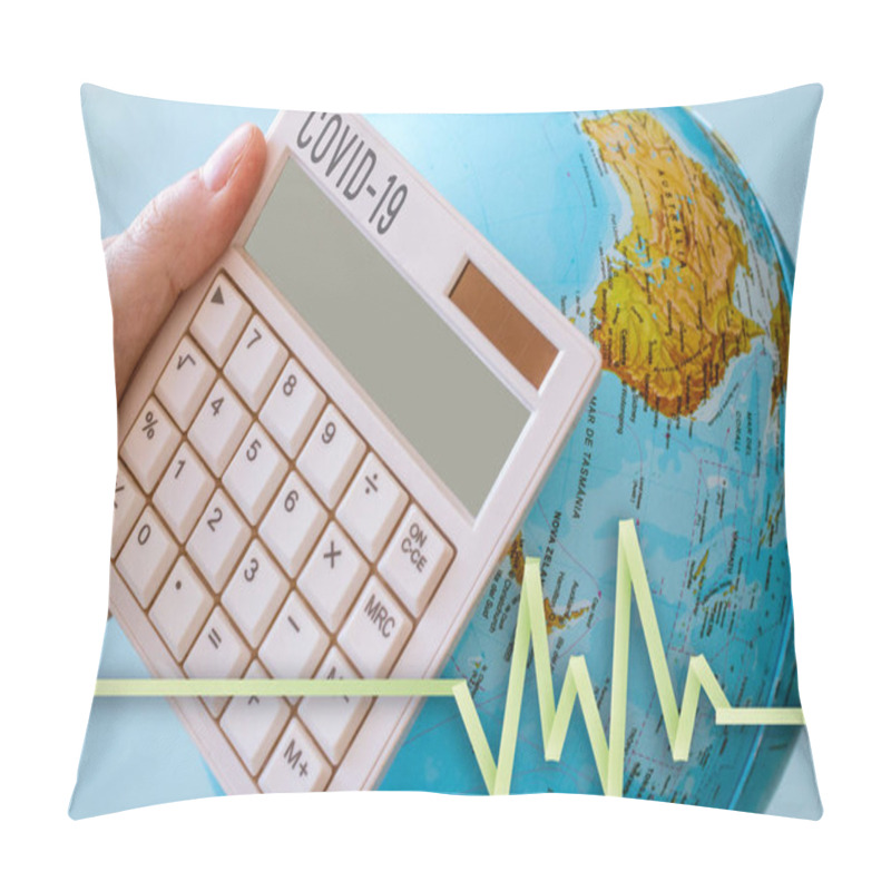 Personality  Photo Of A Calculator With A COVID-19 Tittle With A Vital Sign And A World On The Background. Perfect For Any Virus, Pandemic Theme. Pillow Covers