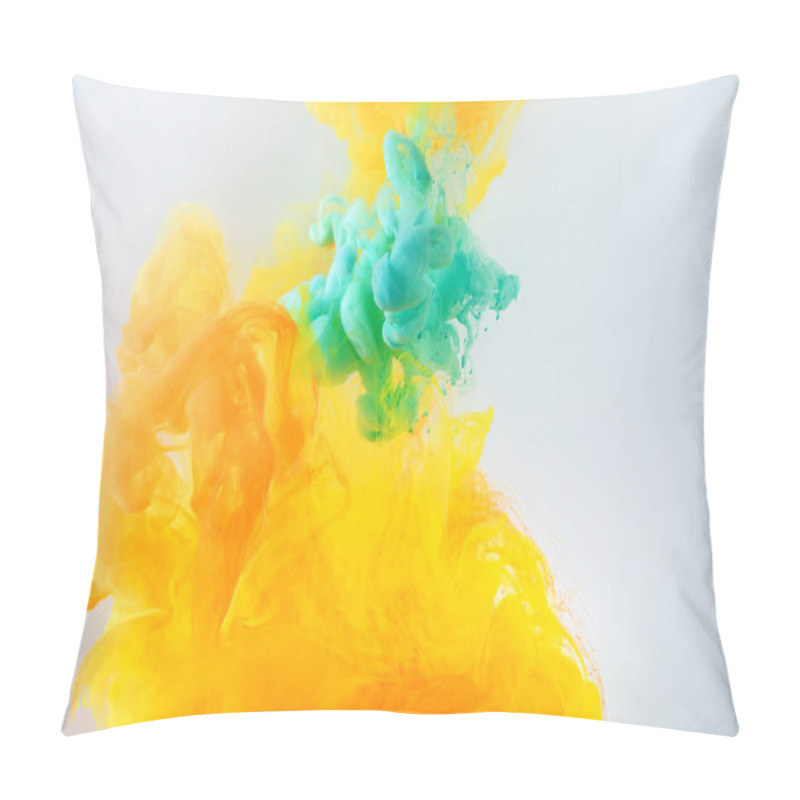 Personality  Creative Background With Turquoise And Orange Paint Flowing In Water, Isolated On Grey Pillow Covers