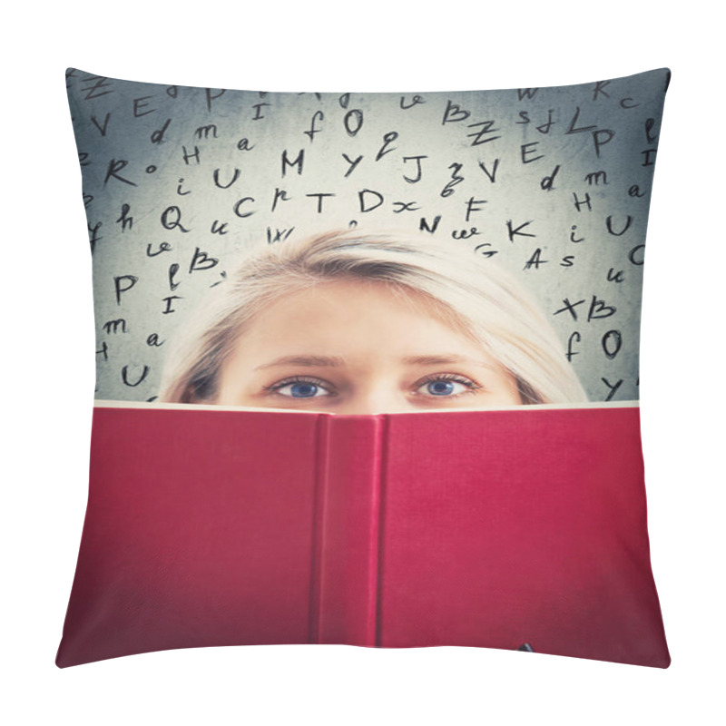 Personality  Close Up Portrait Of Pretty Student Girl Hiding Behind A Red Opened Book With Lating Alphabet Letters On The Background. Mysterious And Shy Woman Keeping A Secret. Educational Concept. Pillow Covers