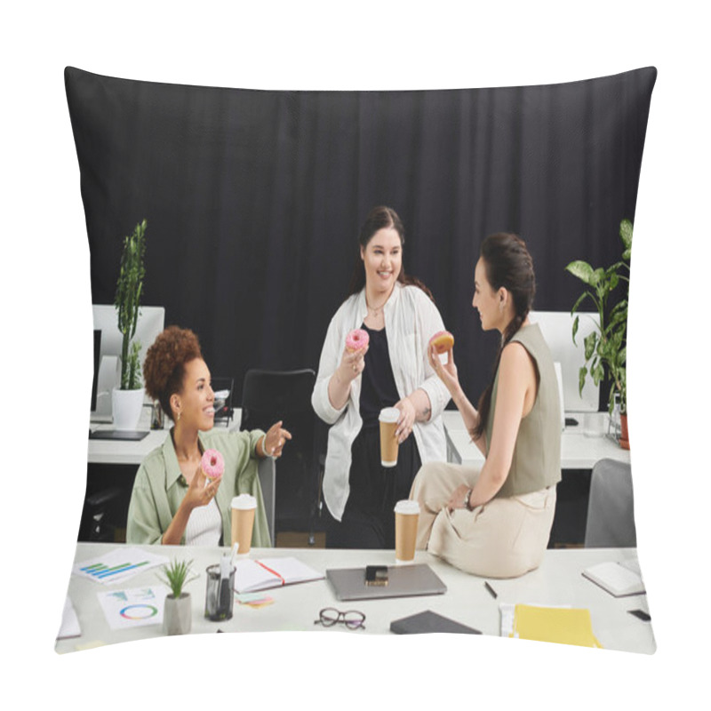 Personality  A Lively Discussion Unfolds As Businesswomen Share Donuts And Coffee, Exchanging Ideas In An Office. Pillow Covers