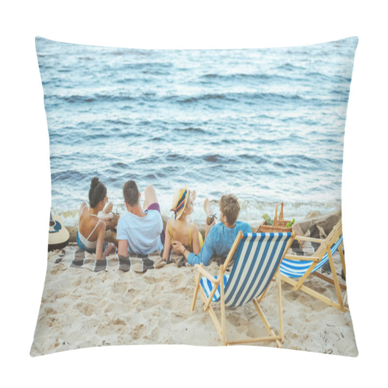 Personality  Back View Of Multiethnic Friends Resting On Blanket On Sandy Beach Pillow Covers