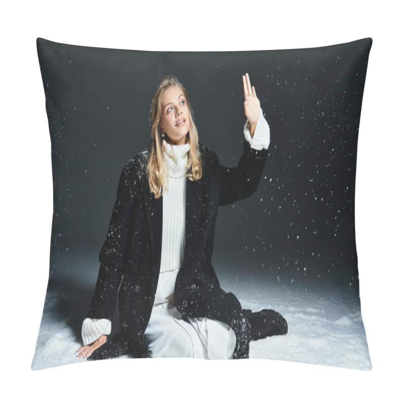 Personality  The Young Woman Sits On The Snowy Ground, Playfully Reaching Towards Sprinkling Snowflakes. Pillow Covers