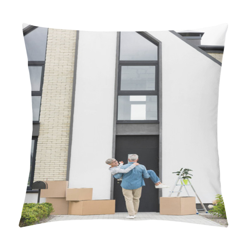 Personality  Back View Of Mature Man Holding Smiling Woman Near New House  Pillow Covers