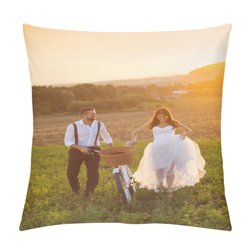 Personality  Bride And Groom With A White Wedding Bike Pillow Covers