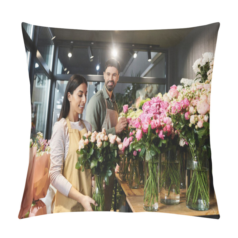 Personality  Couple Works Together Arranging Roses And Other Blooms In Their Vibrant Florist Shop. Pillow Covers