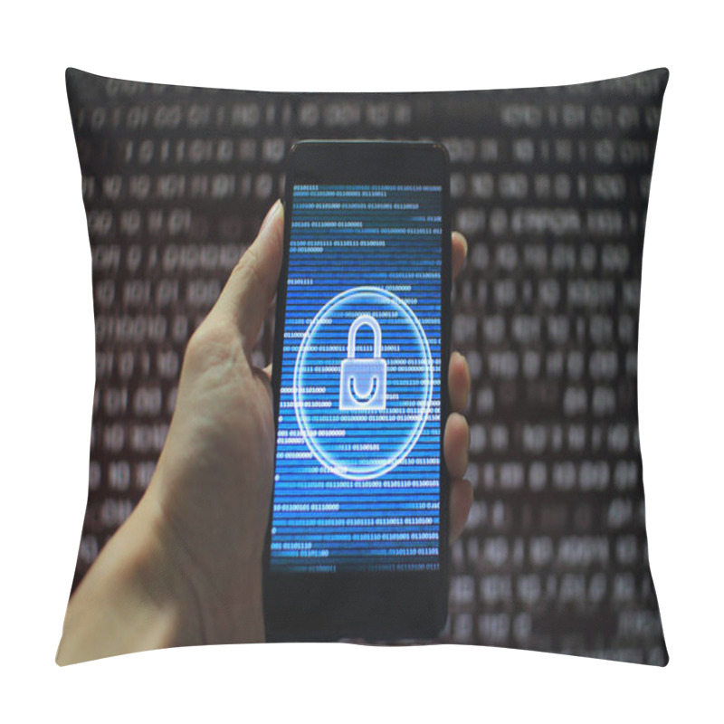 Personality  Protected In Stream Of Data Flow. Padlock Icon Symbolize Security And Motion Movement Of Binary Code Computer Data Moving In The Background. Hand Holding Mobile Phone. Pillow Covers