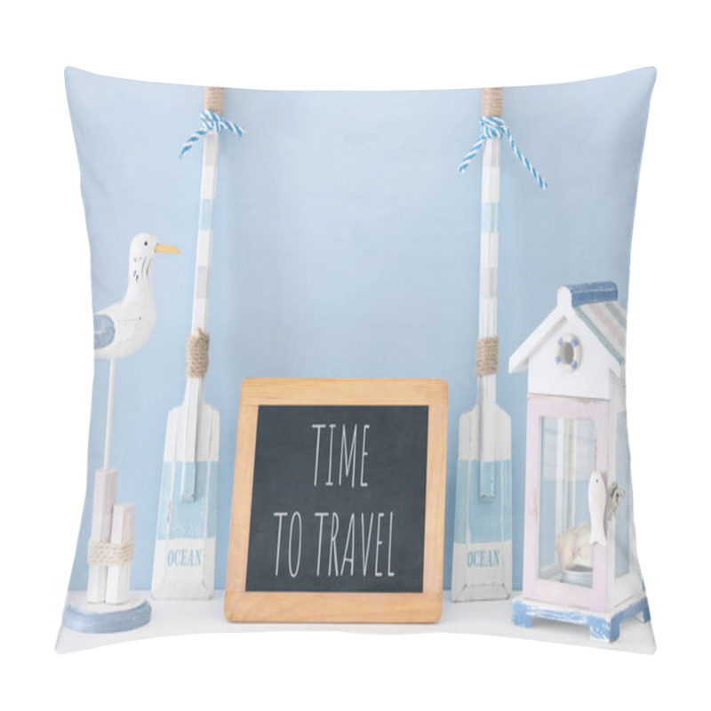 Personality  Nautical Concept With White Decorative Seagull Bird, Boat Oars, Beach House And Blackboard Over Blue Background. Pillow Covers