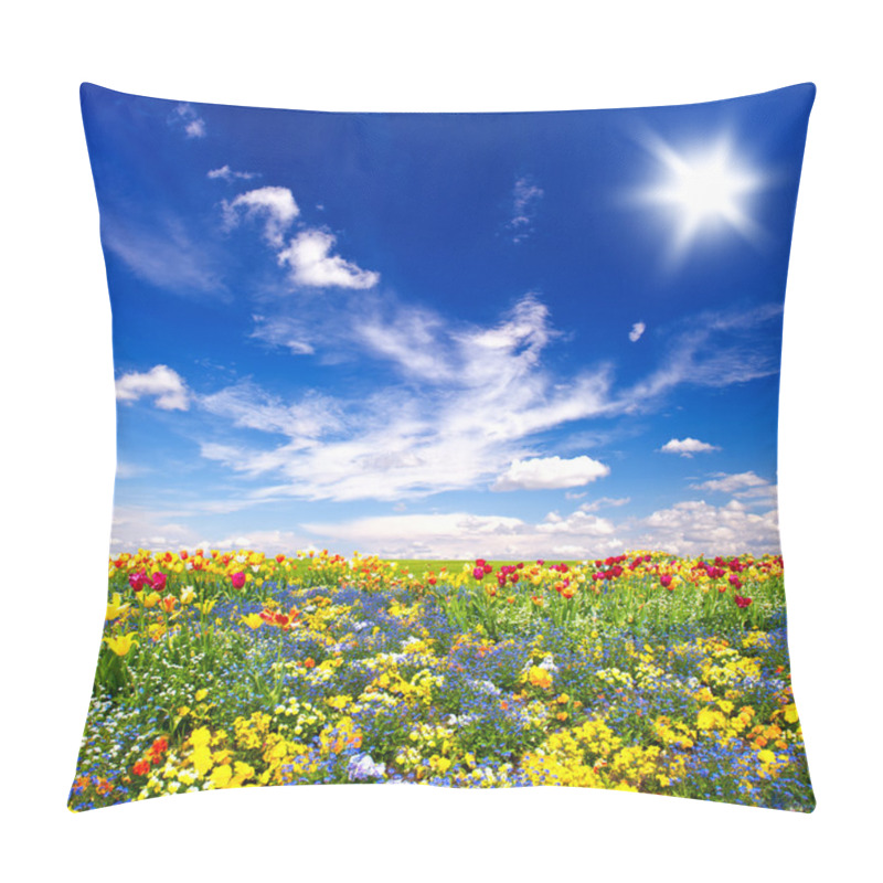 Personality  Beautiful Flowers Meadow And Cloudy Blue Sky Pillow Covers