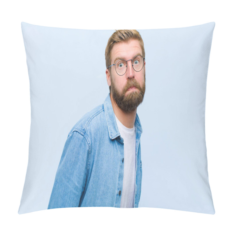 Personality  Young Blonde Adult Man With A Goofy, Crazy, Surprised Expression, Puffing Cheeks, Feeling Stuffed, Fat And Full Of Food Pillow Covers