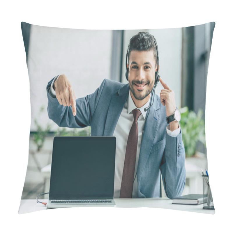 Personality  Cheerful Call Center Operator Pointing With Finger At Laptop With Blank Screen  Pillow Covers