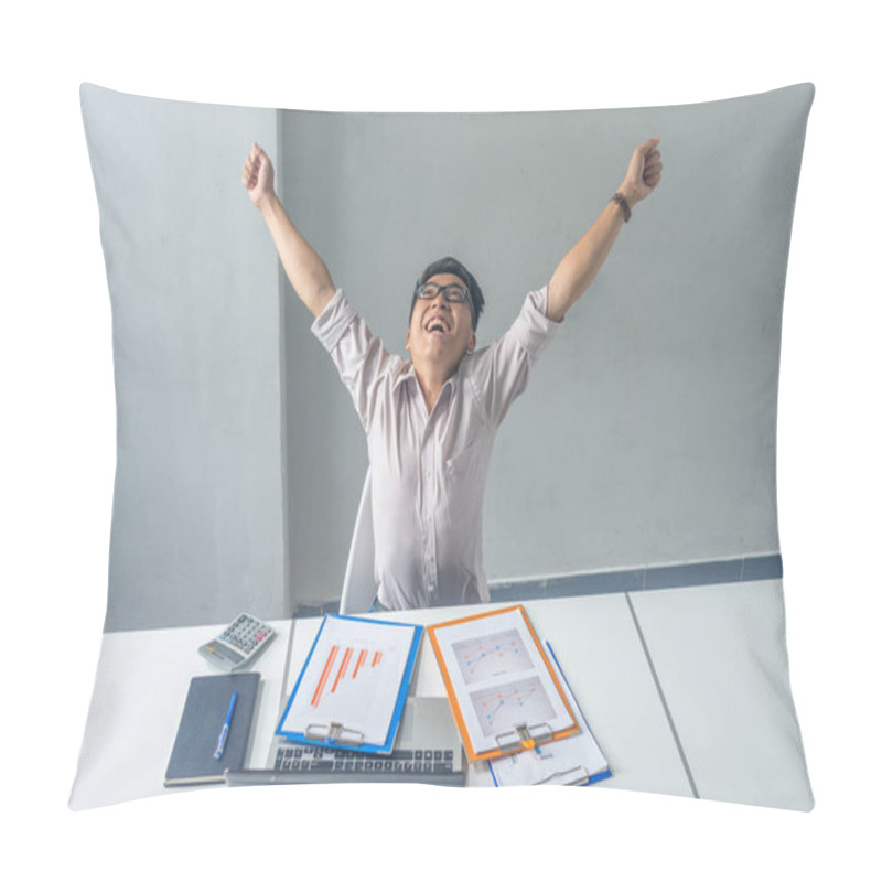 Personality  Cheerful Asian Businessman Raising His Arms To Celebrate The Success Pillow Covers